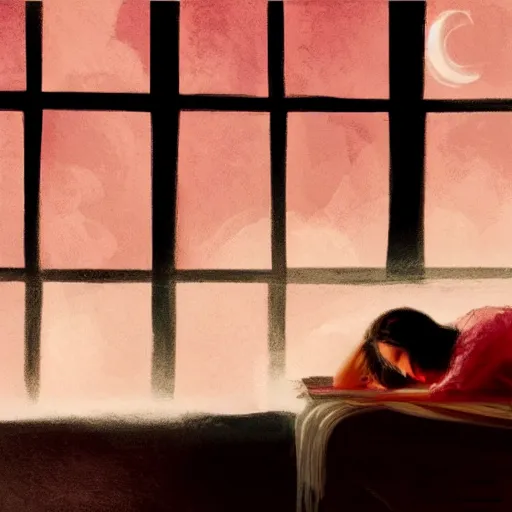 Prompt: Study background, warm tones, night, window, lots of detail, midevil, girl laying head on desk, sleep, magic, warm lighting, pink aesthetic