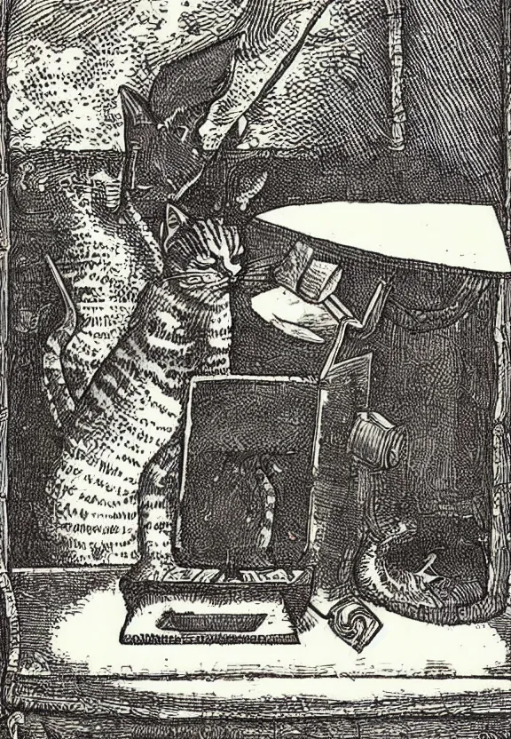 Image similar to [Dark medieval illustration of a cat watching youtube on a computer]