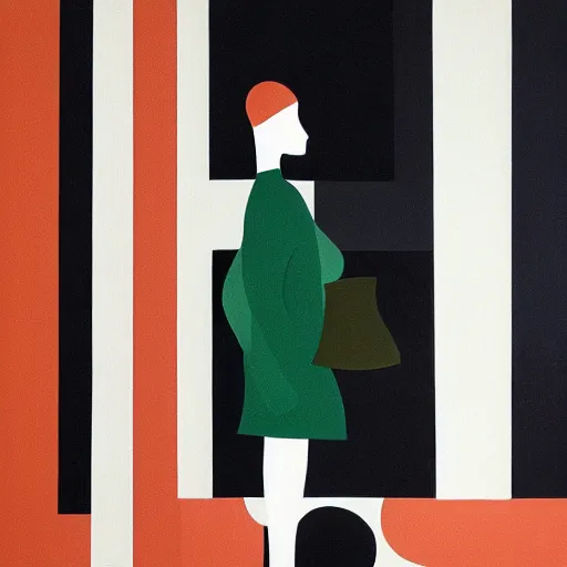 Prompt: A painting of person standing in front of a window, abstract painting in the style of Sophie Taeuber-Arp and Gary Hume and Tatsuro Kiuchi, flat colour-block style, geometric abstraction, deep earthy colours