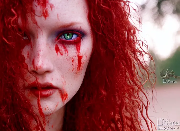 Prompt: award winning 3 5 mm close up face portrait photo of a redhead with blood - red wavy hair and intricate dragon eyes in a park by luis royo