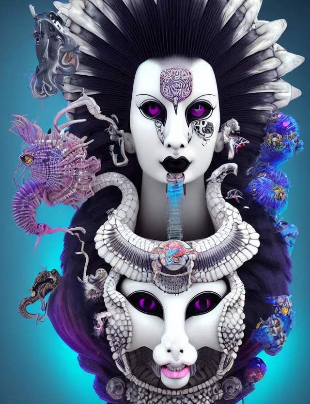 Image similar to 3 d goddess close - up profile portrait punk with mohawk with ram skull. beautiful intricately detailed japanese crow kitsune mask and clasical japanese kimono. betta fish, jellyfish phoenix, bio luminescent, plasma, ice, water, wind, creature, artwork by tooth wu and wlop and beeple and greg rutkowski