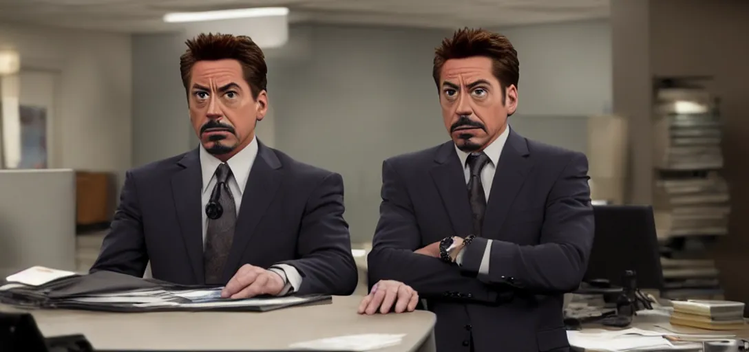 Image similar to a very high resolution image of tony stark. from an episode of the office with micheal scott. photorealistic, photography