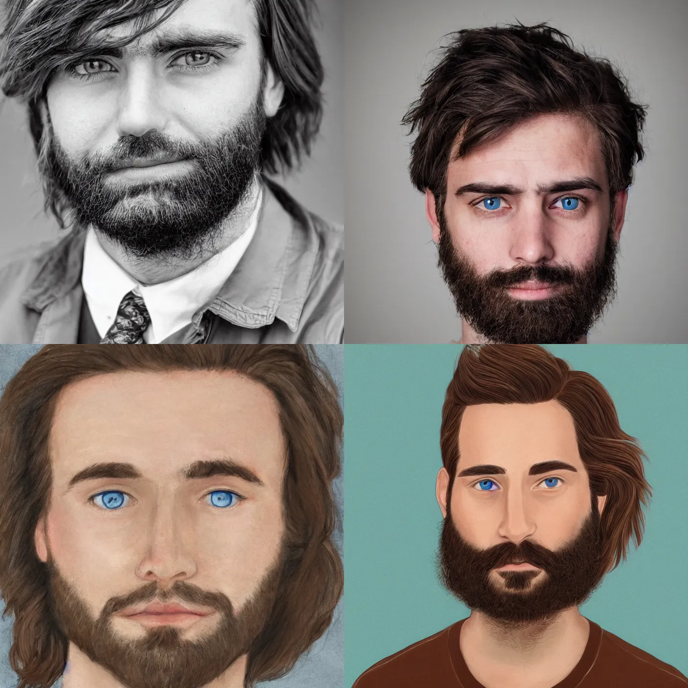 Prompt: a realistic portrait of a 30 year old male with blue eyes, brown medium length hair, bushy eyebrows and short beard.