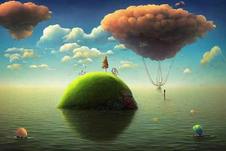 Image similar to surreal glimpse into other universe, floating island in the sky, sea and wind, summer morning, very coherent and colorful high contrast, art by!!!! gediminas pranckevicius!!!!, geof darrow, dark shadows, hard lighting