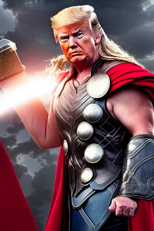 Image similar to donald trump as thor, wielding hammer, ready for battle, movie still