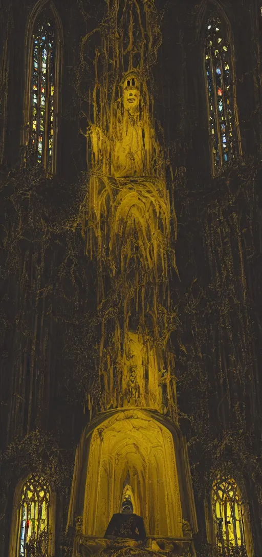 Image similar to a tall pale humanoid being sitting upon an ornate stone throne, 4K, digital art, horror, dramatic, wearing a long yellow rotting garment, dark, hyperrealistic, perspective, complex black church background with volumetric lights coming in through cathedral windows,