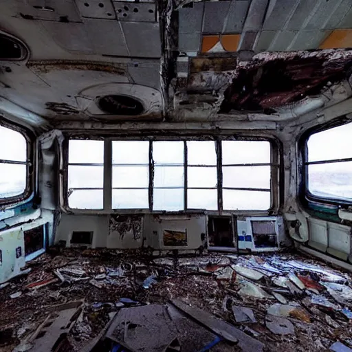 Image similar to the interior of an abandoned space station with windows into space