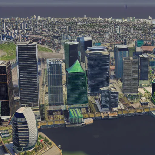 Prompt: canary wharf, screenshot from cities : skylines ( 2 0 1 5 ) pc game, isometric view, unreal engine, raytracing, volumetric fog resolution, ambient occlusion, anisotropy, shadow resolution, texture quality high, chromatic abberation, 8 k