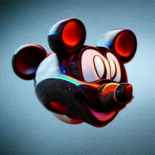 Prompt: counterfeit mickey mouse head, fractal, broken, wet, melting, fractured, mycelium, cubensis, radiant alien, rococo, baroque, automotive, bio-mechanical, porcelain, iridescent, sub surface scattering, unreal engine, octane render