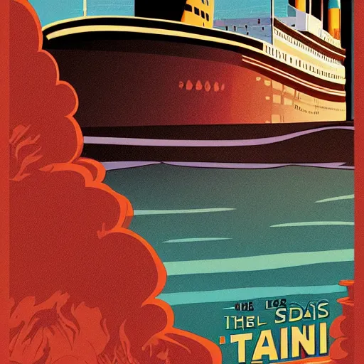 Prompt: The last days of the titanic , Animation printed poster , Artwork by James Gilleard, cinematic composition, trending