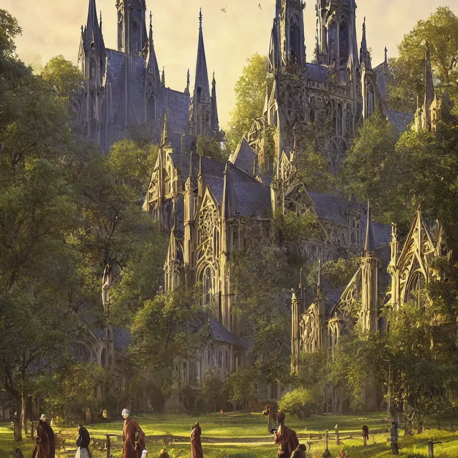 Prompt: a tudor style village in the shadows of an enormous Gothic Revival architecture castle in a lovely meadow at dusk, art nouveau matte painting, highly detailed