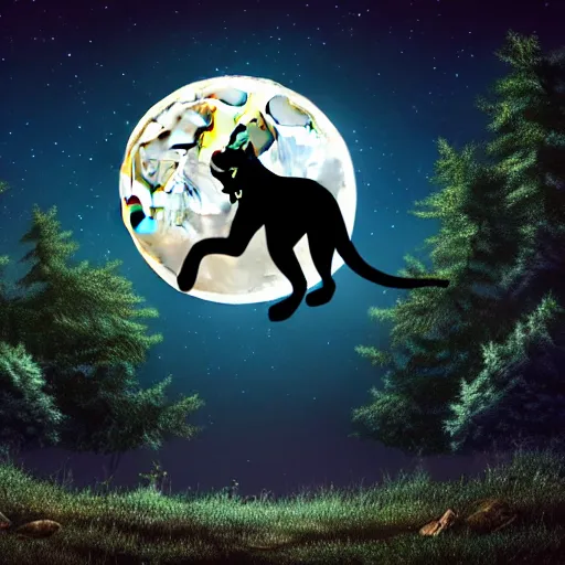 Image similar to a panther roaring at the moon in a forest during the night, large moon in the center. high quality. artistic. illustration. 4 k. cinematic. photoreal. highly detailed. dramatic. dark colors. night.