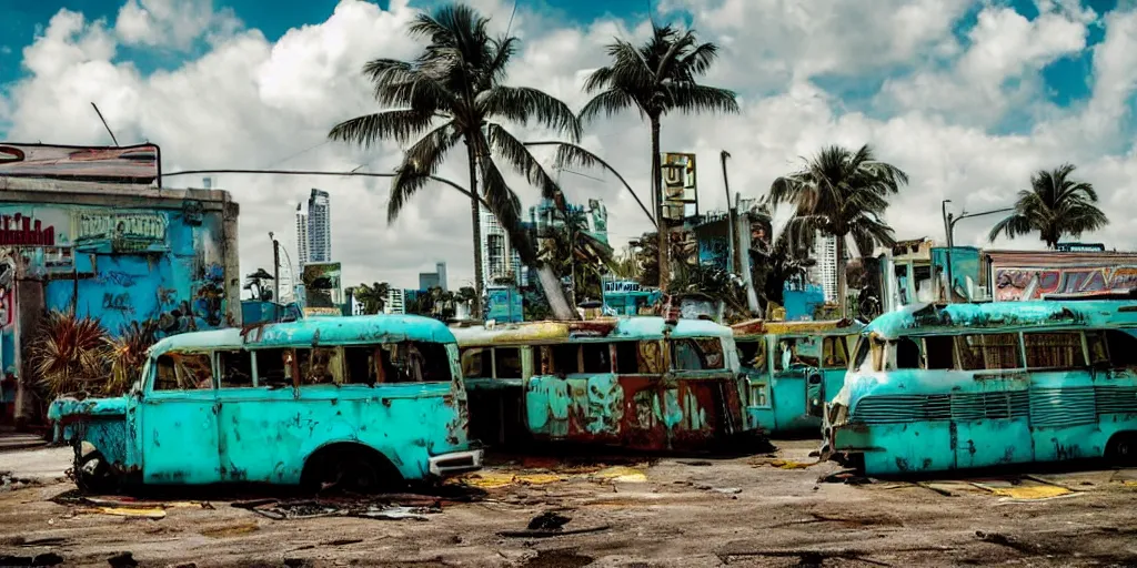 Image similar to low wide angle shot of dilapidated fallout 5 miami, tropical coastal city, desolate, dilapidated neon signs, few rusted retro futuristic vintage parked vehicles like cars, buses, trucks, trams, sunny weather, few clouds, volumetric lighting, photorealistic, daytime, spring, sharp focus, ultra detailed, 4 0 0 0 k