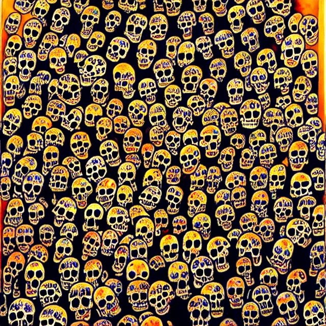 Image similar to a beautiful painting many skulls combine buddhas, by kusama miyama realistic oil painting