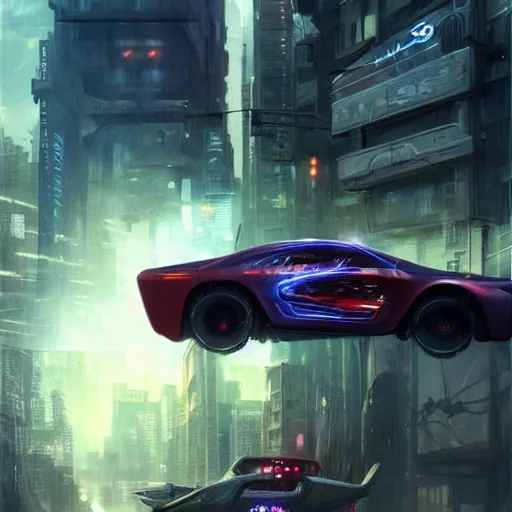 Image similar to A cyberpunk car flying trough the city, Magic the Gathering art, art by greg rutkowski, matte painting, trending on artstation, very detailed