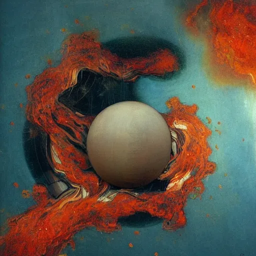 Image similar to a sphere being devoured by abstract splatters of paint in the style of francis bacon, venus being engulfed in flames in the style of james jean, surreal, beksinski, high detailed