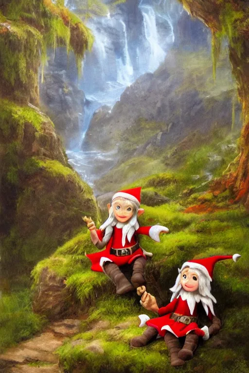 Image similar to a splash painting of a cute elf and dwarf sitting on the edge of a hill, beautiful nature, beautiful landscape