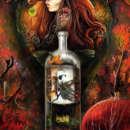 Image similar to Hell and heaven, captured in bottles, a heart full of envy, The Autumn Plague Gardener, Some cosmic angels, digital painting, its softness partakes of fluidity, illustration, deep dark, artstation, intricate, biodiversity in a world of change and constancy, ue5, by deiv calviz and bossmonsterbani