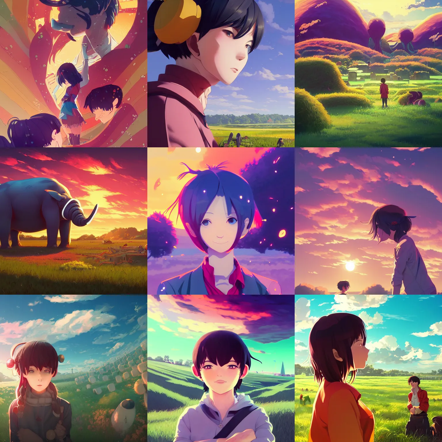 Prompt: portrait of an homunculus loxodontusentity, farm field background, rich vivid colors, ambient lighting, dynamic lighting, 4 k, hq, official media, anime key visual, makoto shinkai, ilya kuvshinov, lois van baarle, rossdraws, detailed, trending on artstation