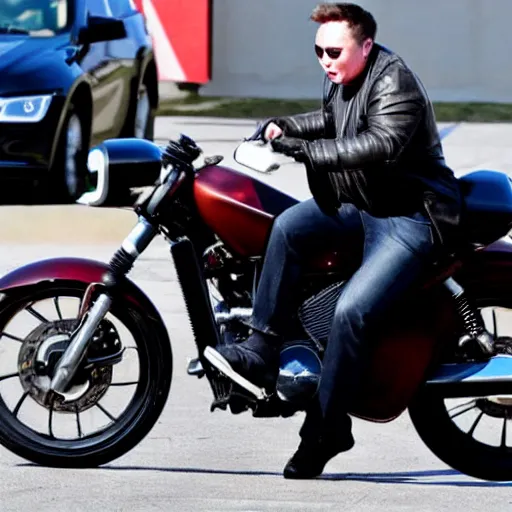 Image similar to crying elon musk riding motorcycle, hd photo