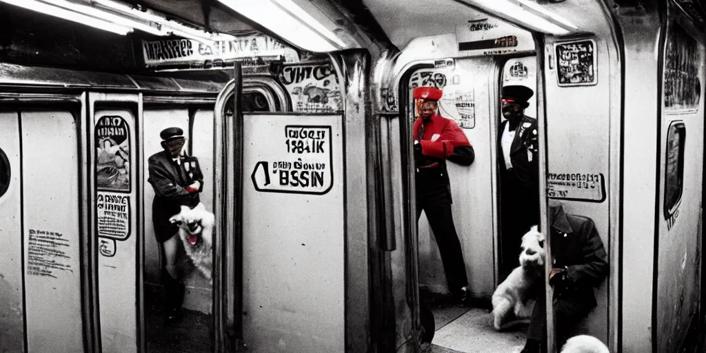 Image similar to new york subway cabin 1 9 8 0 s inside all in graffiti, policeman with the dog closeup, black guy in a red beret, coloured film photography, christopher morris photography, bruce davidson photography