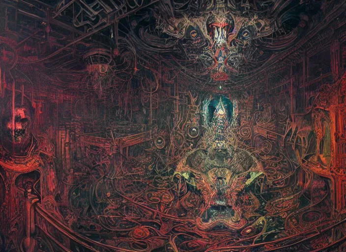 Image similar to eventually even humans who avoided the world were drawn into its madness. inside an grand, ornate brutalist space ship, creepy, diabolical, dark, mystical, hyper surrealism, neo - gothic, neon glow, intricate and highly detailed painting by james jean, adrian ghenie, takato yamamoto, and gerhard richter.