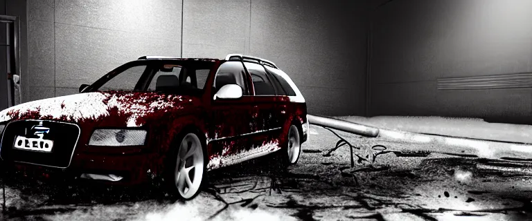 Image similar to Audi A4 B6 Avant (2002), a gritty neo-noir, dramatic lighting, cinematic, eerie person, death, homicide, homicide in the snow, viscera splattered, gunshots, bullet holes, establishing shot, extremely high detail, photorealistic, raging fire at a warehouse, arson, cinematic lighting, artstation, by simon stalenhag, Max Payne (PC) (2001) winter New York at night, In the style of Max Payne 1 graphic novel, flashing lights, Poets of the Fall - Late Goodbye