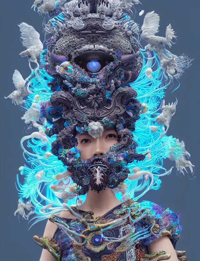 Image similar to 3 d goddess close - up profile solarpunk portrait ram skull. beautiful intricately detailed japanese crow kitsune mask and clasical japanese kimono. betta fish, jellyfish phoenix, bio luminescent, plasma, ice, water, wind, creature, artwork by tooth wu and wlop and beeple and greg rutkowski