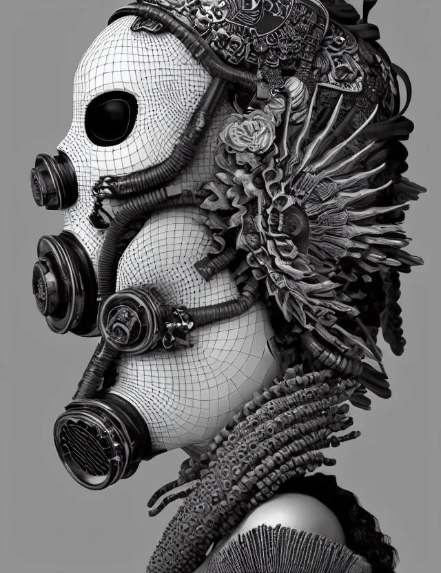 Image similar to 3 d goddess close - up profile punk portrait with vintage gas mask ram skull. beautiful intricately detailed japanese crow kitsune mask and clasical japanese kimono. betta fish, jellyfish phoenix, bio luminescent, plasma, ice, water, wind, creature, artwork by tooth wu and wlop and beeple and greg rutkowski