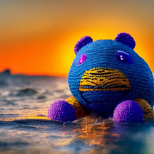 Image similar to a closeup photorealistic photograph of a cute smiling knitted tiger hippopotamus chasing a beachball at sunset. surf in the background. professional capture. this 4 k hd image is trending on artstation, featured on behance, well - rendered, extra crisp, features intricate detail, epic composition and the style of unreal engine.