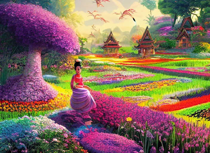 Image similar to summer morning, thai rice princess in a flower garden, rolling mountain, very coherent and colorful high contrast, art by gediminas pranckevicius, geof darrow, dark shadows, hard lighting, flowers garden