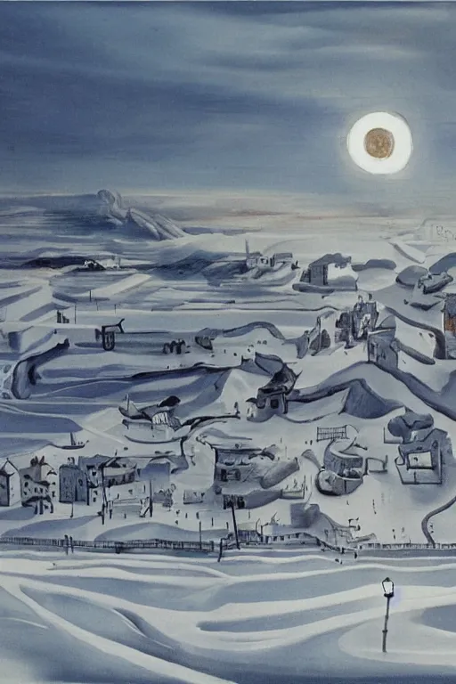 Prompt: A snowy infinite landscape with a candlelit town by Salvador Dali .