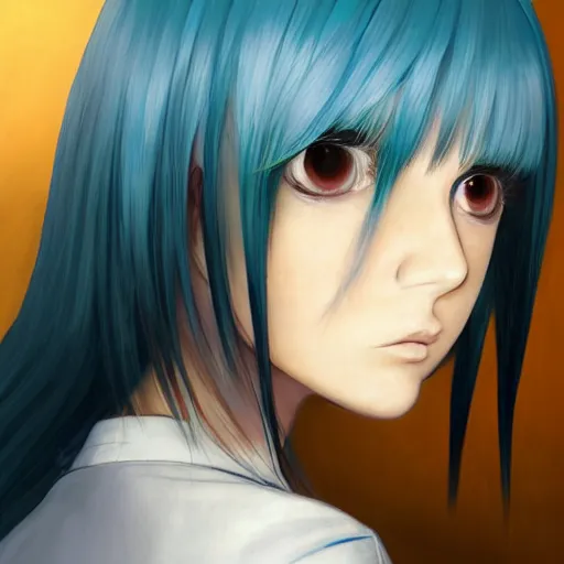 Image similar to profile shot of rimuru tempest, sky blue, straight hair, long bangs, | gold colored eyes | wearing a black jacket with white stripes, very high collar, highly detailed, unreal engine 5, digital painting, cinematic, wlop | artgerm, pixiv, yoshitaka amano, greg rutkowski, ilya kuvshinov, andy warhol