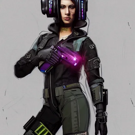 Image similar to Beautiful Sophia. gorgeous female cyberpunk mercenary wearing a cyberpunk headset, military vest, and jumpsuit. Gorgeous face. Concept art by Sherree Valintine Daines. ArtstationHQ. Creative character design for cyberpunk 2077.