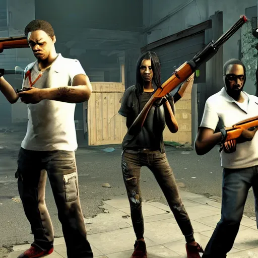 Image similar to photo of left 4 dead team holding weapons and ready for a fight, unreal engine high resolution detailed 8 k