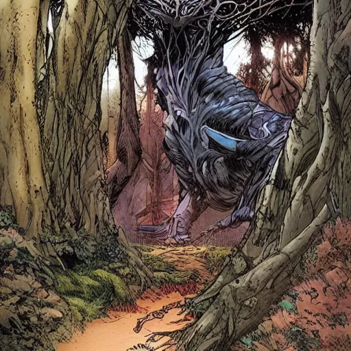 Prompt: a large gateway in the woods that opens to somewhere magical, highly detailed, smooth, sharp focus, bold colours, high contrast, graphic novel, art by ardian syaf and pepe larraz,