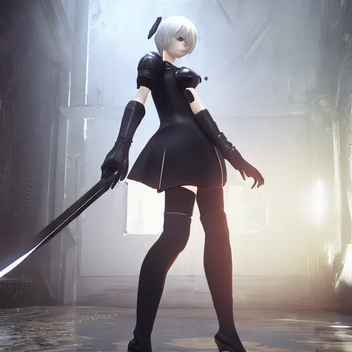 Image similar to 2B nier automata in Oblivion, detailed, artstation, concept art, Unreal Engine 5, gameplay screenshot, 8K