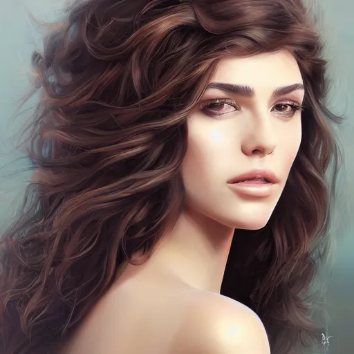 Prompt: beautiful portrait face centre oil on canvas of brunette with wavy hair Ebru Şahin, intricate, elegant, highly detailed, artstation, concept art, sharp focus, art by Alina Ivanchenko, Rob Ross, WLUP, artgerm