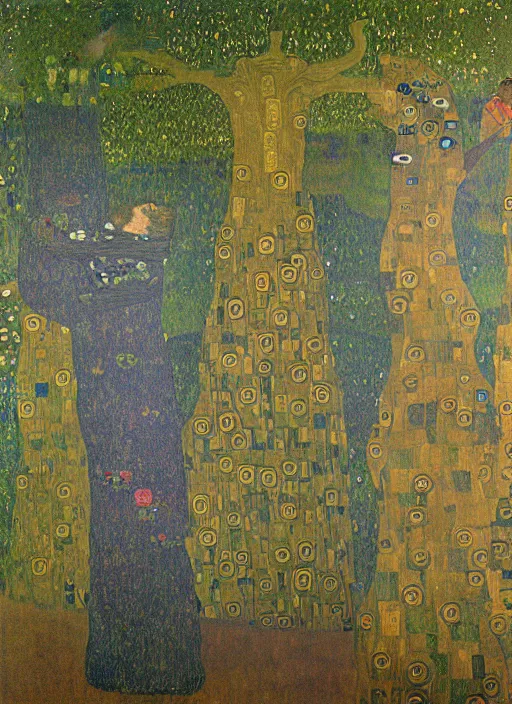 Image similar to a landscape painting of a cognitive optical illusion of trees, with four people who are trees in the foreground making extreme dynamic poses painted by gustav klimt