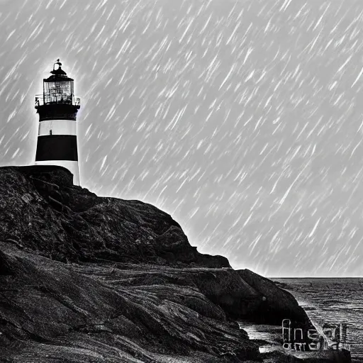 Prompt: willem dafoe as a lighthouse keeper, victorian style photograph, black and white, rainy,