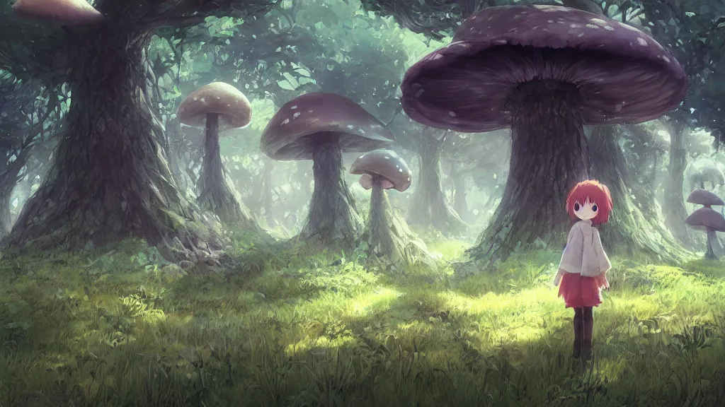 Prompt: cute monster child in the mushroom forest, concept art by Makoto Shinkai