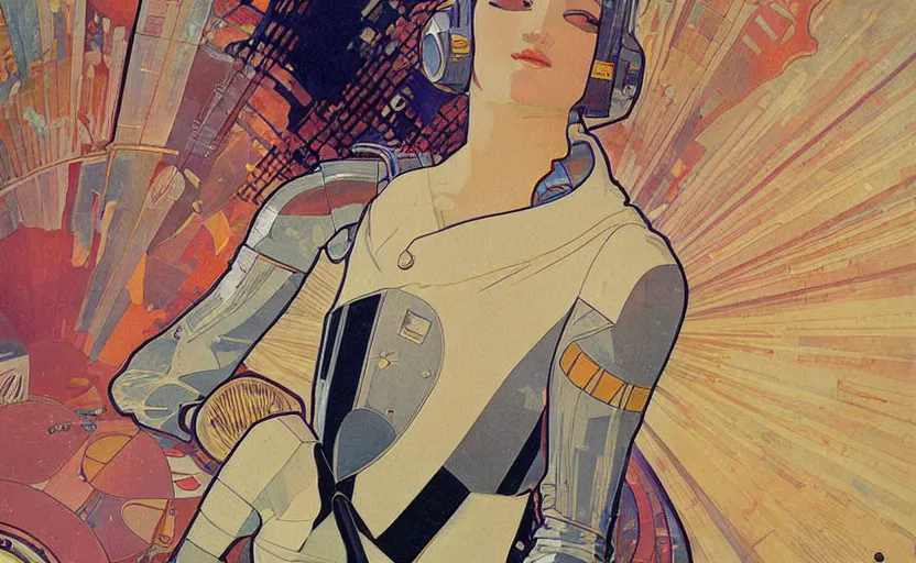 Prompt: insane detail textured art deco painting of astronaut full body, beautiful painting by mucha and kuvshinov