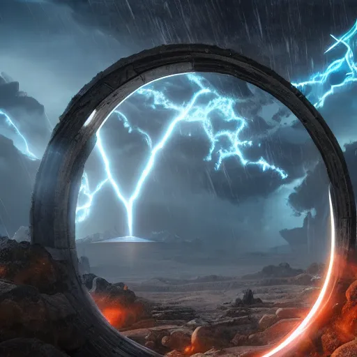 Image similar to comic book scene of an epic portal being exited by a god, cinematic, realistic, beautiful scenery, matte painting, highly detailed, octane render, unreal engine