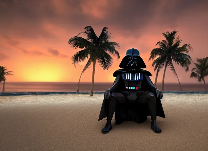 Prompt: darth vader sitting on a tropical beach during sunset with a cocktail, cinematic lighting, sunset, 8 k - resolution!!, hyperrealism, national geographic, award winning, artstation, unreal engine 5, octane, redshift