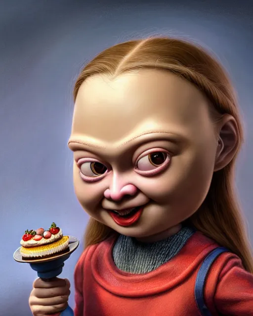 Prompt: highly detailed closeup, face profile portrait of a tin toy greta thunberg as a medieval goblin eating cakes in a castle, hyper realistic, artstation, illustration, nicoletta ceccoli, mark ryden, lostfish, dan decarlo, bob clampett, max fleischer, digital paint, matte paint, vivid colors, detailed and intricate environment