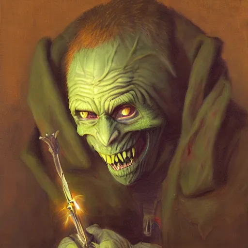 Image similar to grinning hellpunk the thieving Goblin wearing a grubby brown hoodie sweater whilst pointing a dagger at you chris cold marc simonetti ross tran greg rutkowski dan witz john currin vik muniz robert gober oil painting