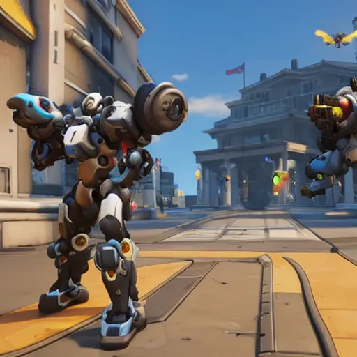 Image similar to overwatch 4 k ray tracing, highly detailed, d. va mech shooting, fighting on point, capturing