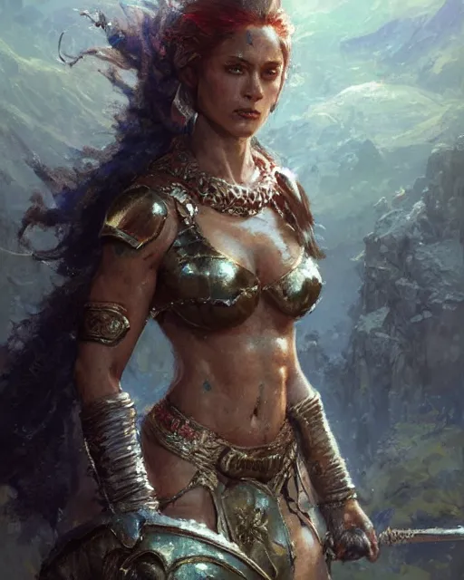 Image similar to a fierce and muscular warrior princess in scale mail, fantasy character portrait by greg rutkowski, gaston bussiere, craig mullins