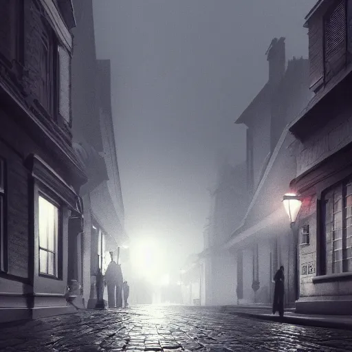 Image similar to victorian city street, dark, misty, at night, 8 k, detailed, concept art, trending on artstation