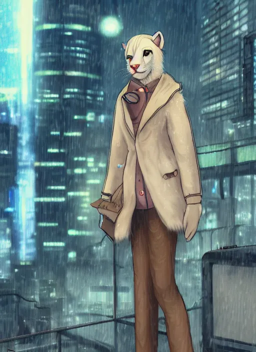 Image similar to character portrait of a male anthro albino mountain lion fursona with a cute beautiful attractive furry face wearing stylish clothes in a cyberpunk city at night while it rains. hidari, color page, tankoban, 4K, tone mapping, Akihiko Yoshida.